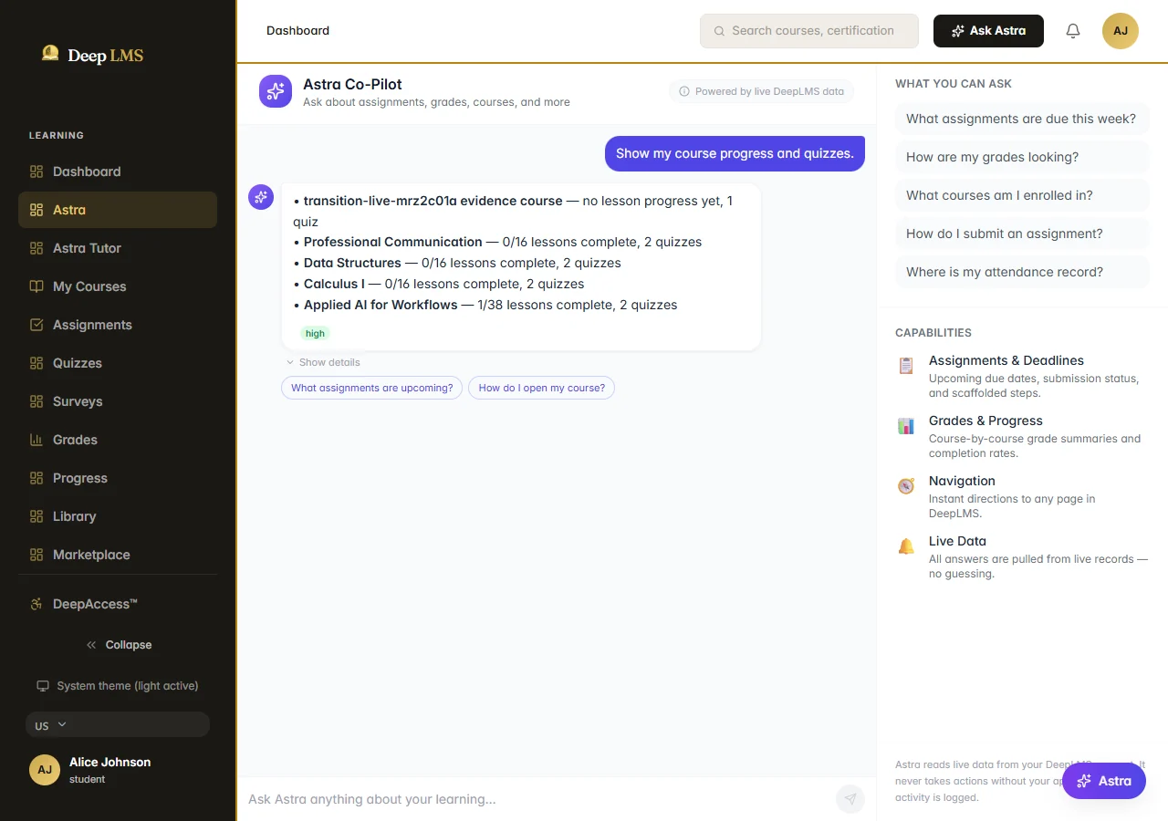 Astra Tutor supporting a learner inside an authorized course context