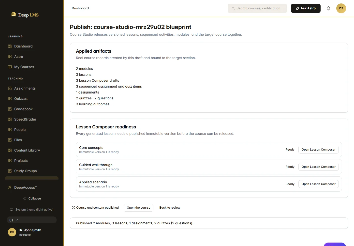 ICE Course Studio showing governed course artifacts and lesson readiness