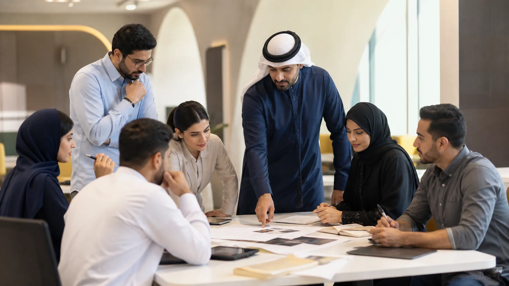 A facilitator and participants working through a collaborative learning session