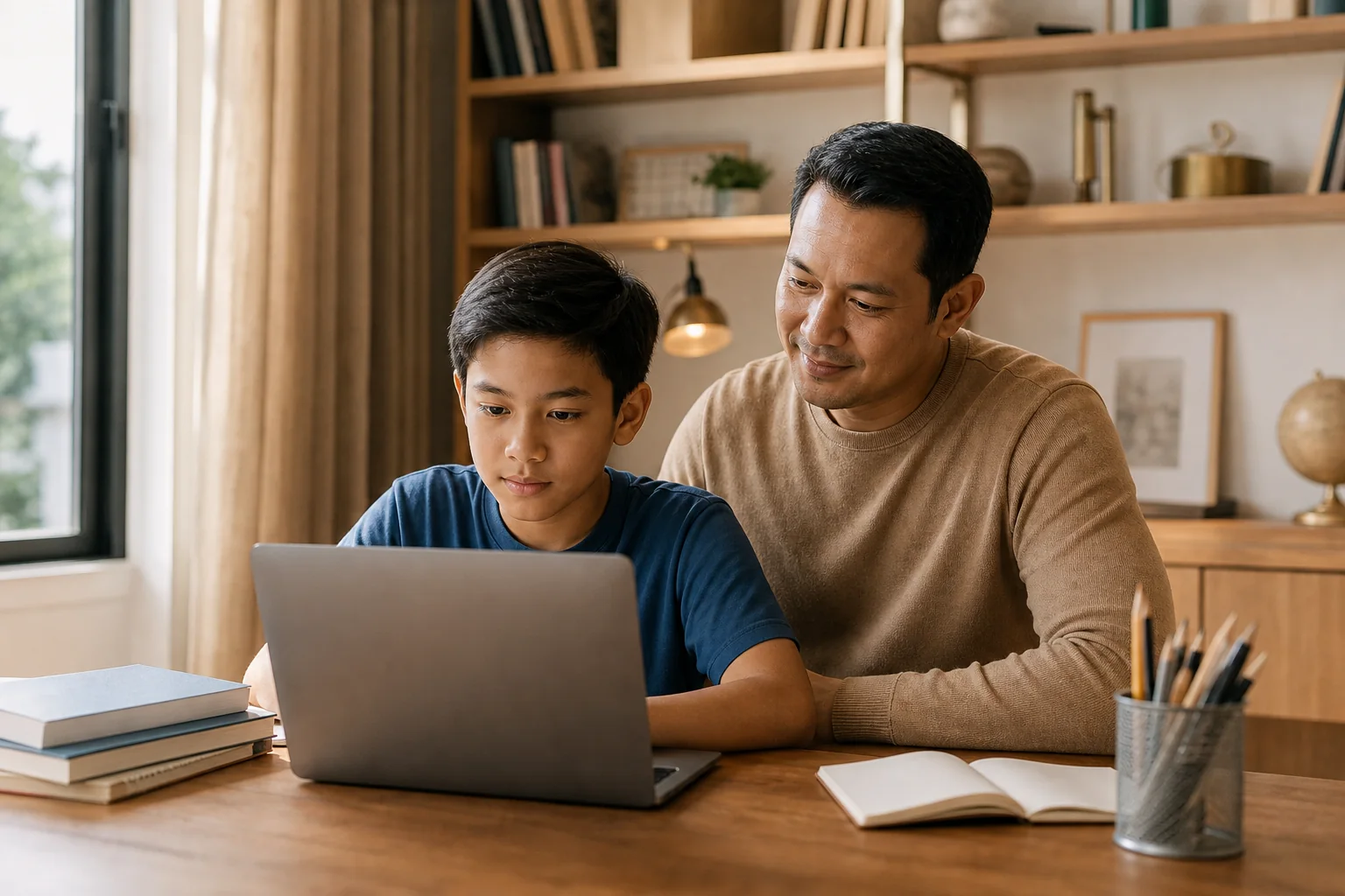 A parent supporting a child during a home learning activity