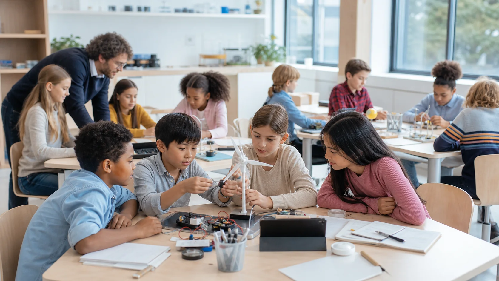 School-age children collaborating with their teacher on a science activity